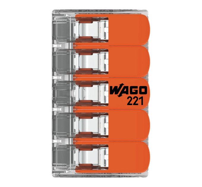 Клема WAGO 5-контактна для розподільних коробок, універсальна 0,2-4мм² прозора
