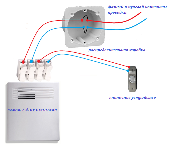 Схема подключения дверного звонка с помощью четырех контактов